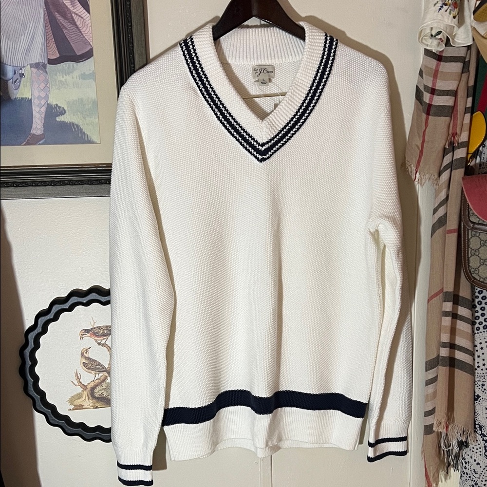 J. Crew White V-Neck Sweater with Navy Blue  Accents